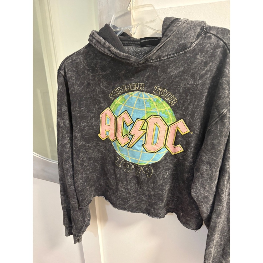 ACDC Summer Tour 1979 Cropped Hoodie Acid Wash Charcoal Grey Small